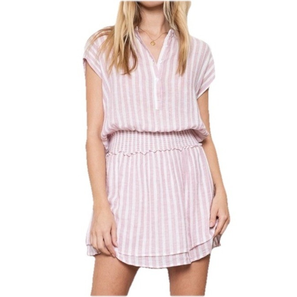 RAILS Women's SMALL Angelina Dress Pink Rose Stripe Mini Linen Blend Smocked